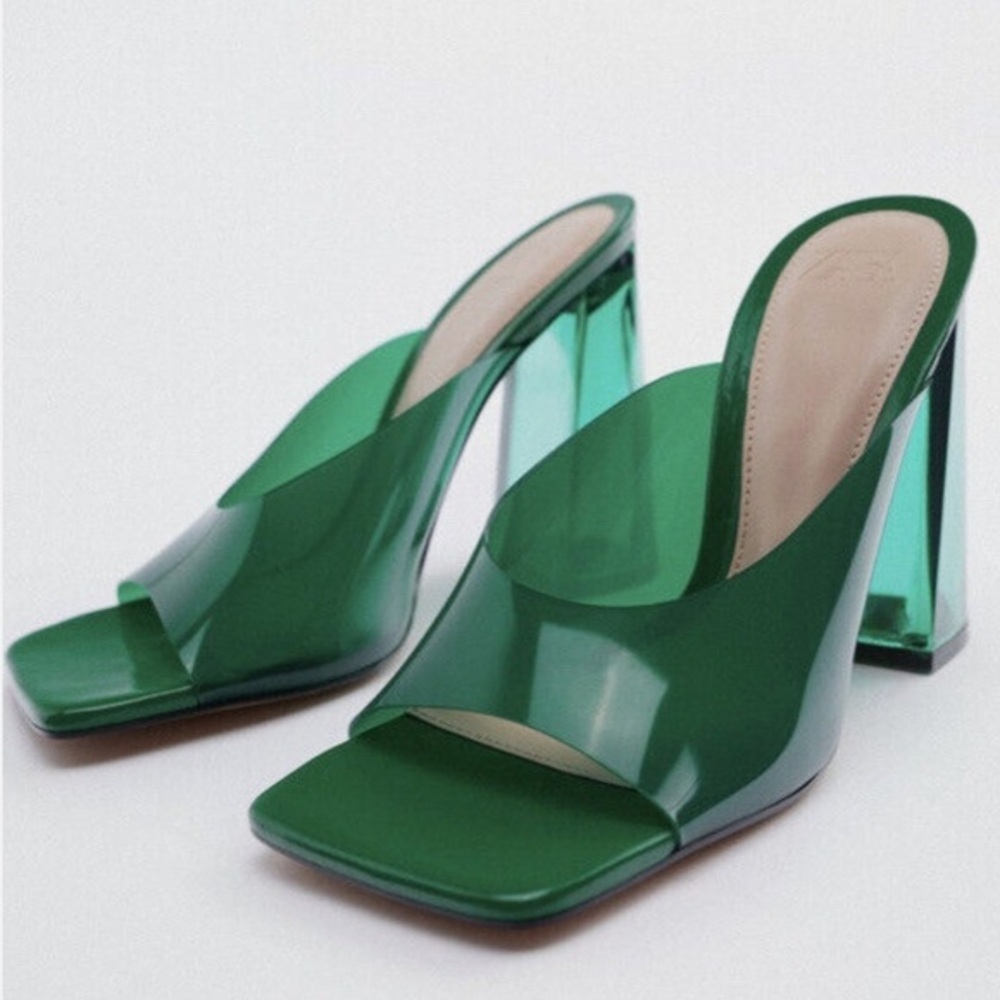 Zara Emerald Lucite Heel Sandals Clear Block Heel Square Toe 36 - Picture 2 of 15